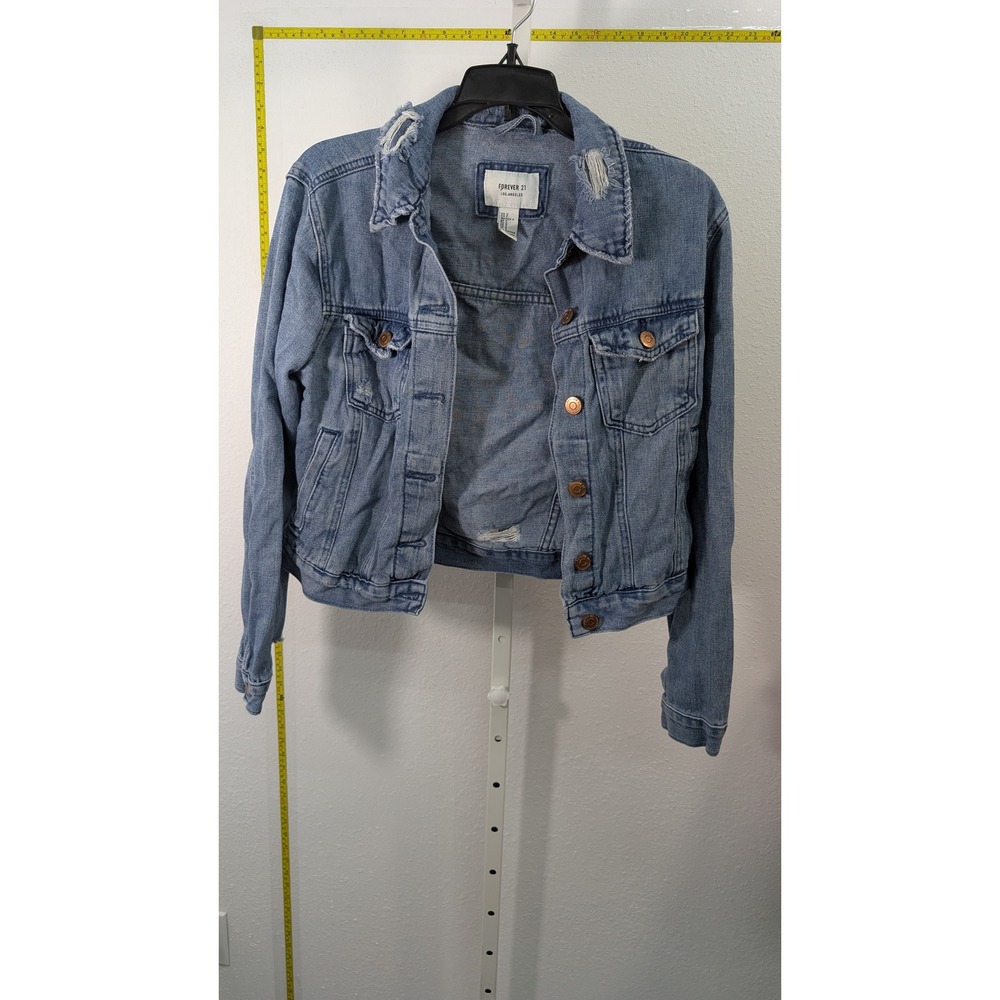 Forever 21 Los Angeles Distressed Denim Jacket Womens Small Light Wash Cropped